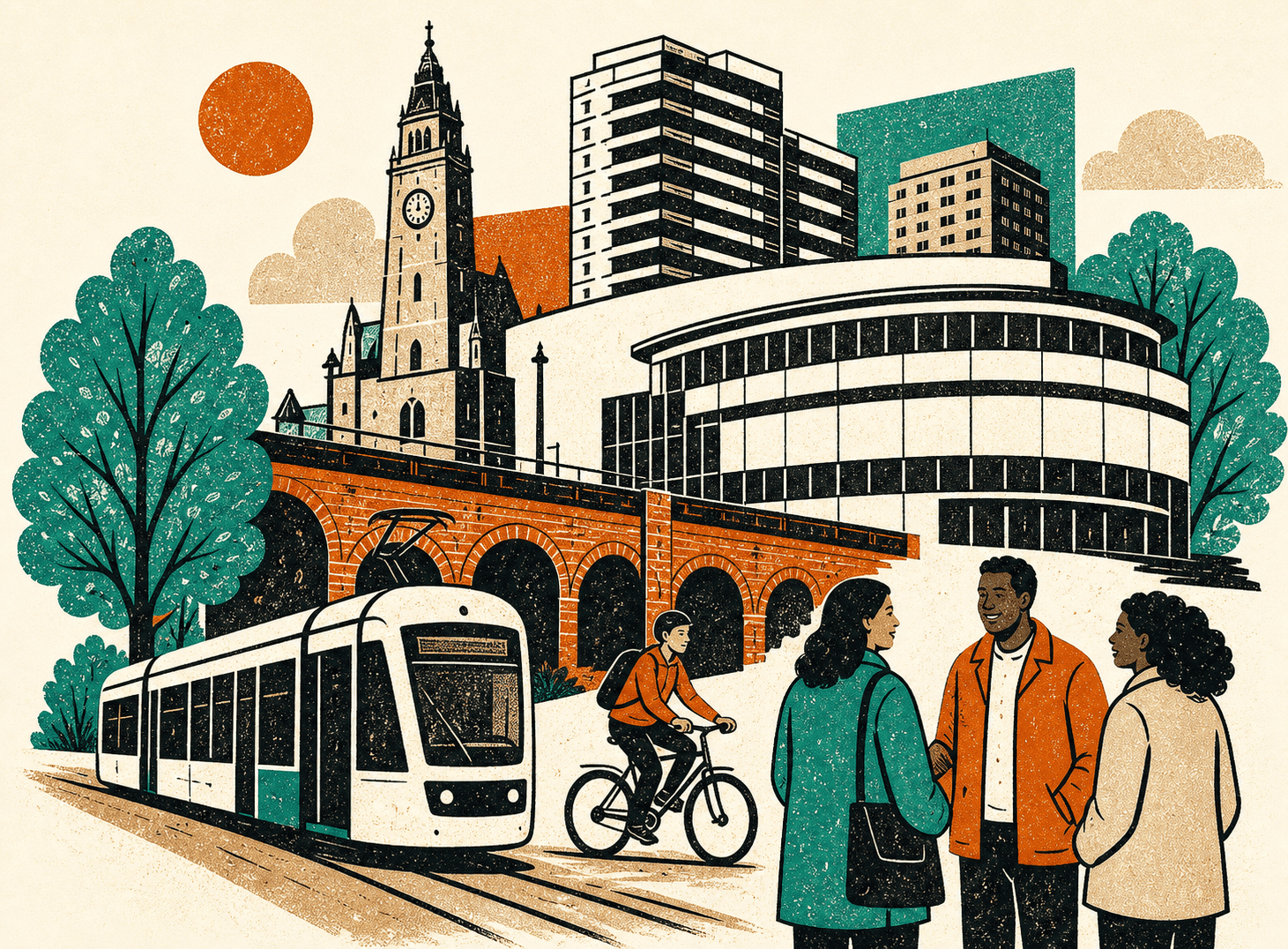Block-print illustration of Croydon landmarks, a tram and local people